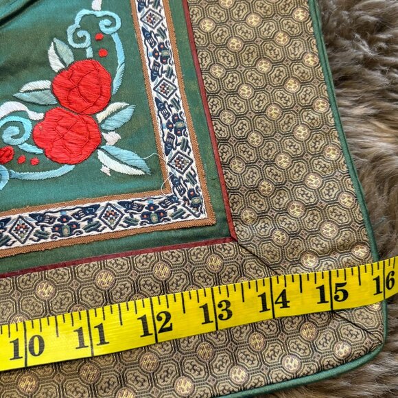 Vintage Chinese Silk Embroidered Square Cushion Cover With Floral & Geometric Pa - Picture 7 of 7